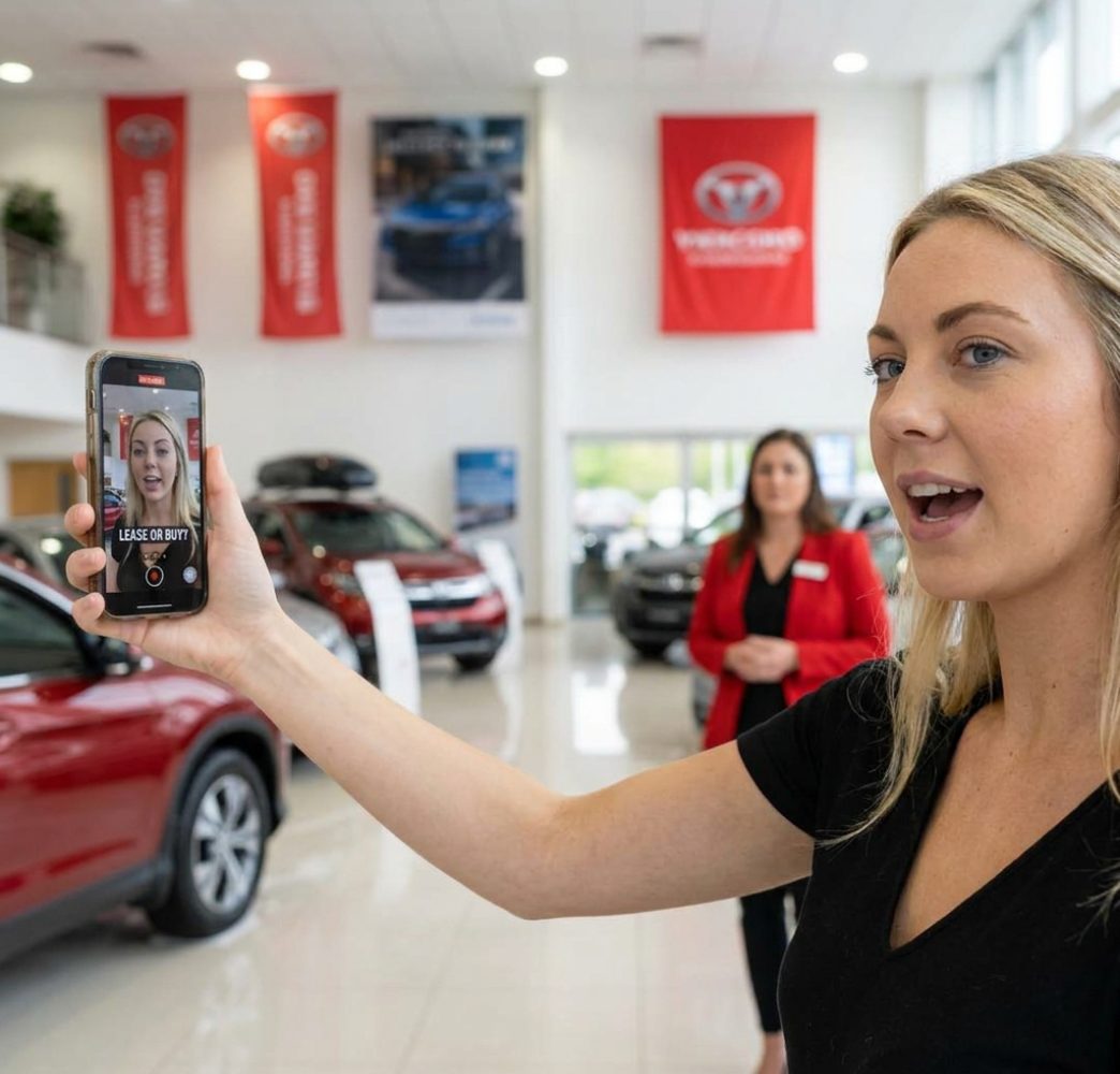 Salesperson recording a short video on a phone in a car showroom