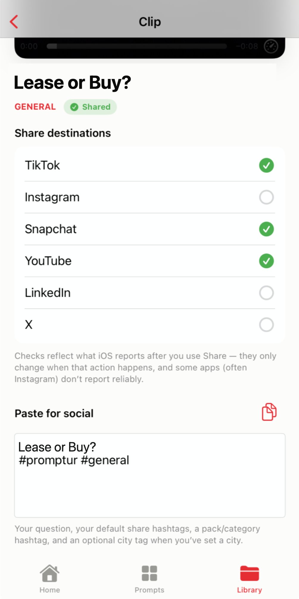 Share screen in the Promptur recording app listing social profiles to post a clip to